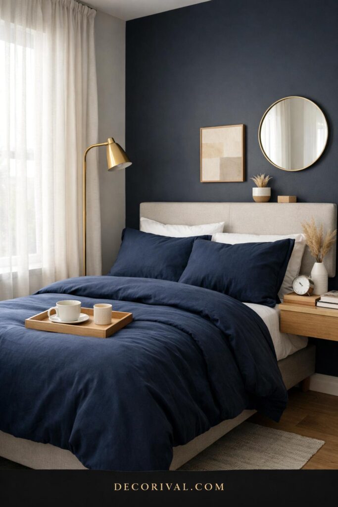 Navy and Gold Small Bedroom Decor Idea