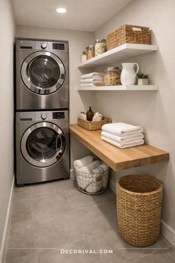 Slim Folding Counter Next to Stacked Washer Dryer