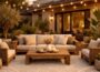 Resort-style backyard with cozy outdoor seating, wooden deck, and warm string lights