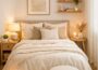Tiny bedroom makeover after transformation with neutral bedding, light wood furniture and cozy minimalist small apartment styling