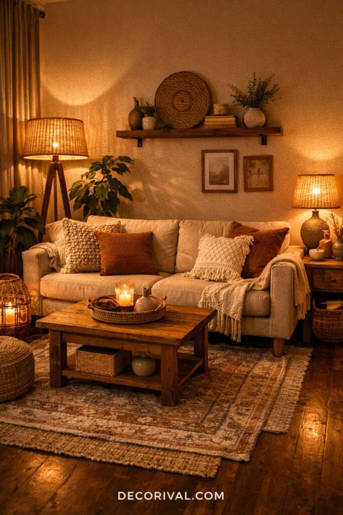 Cozy Boho Living Room Ambient Lighting