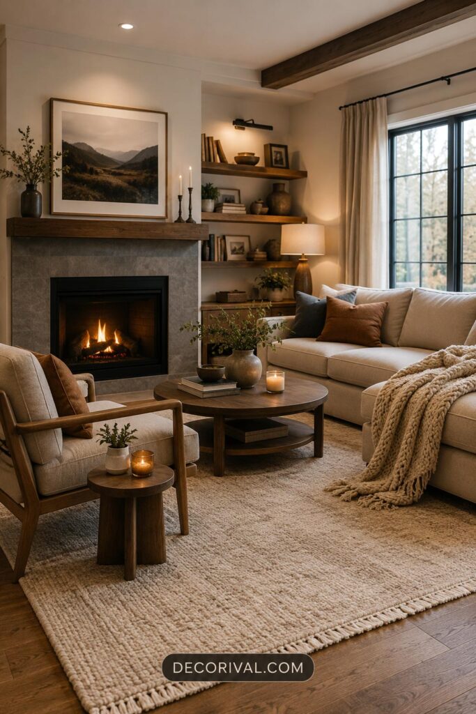 Cozy modern living room with neutral rug, warm lighting, and soft textures.