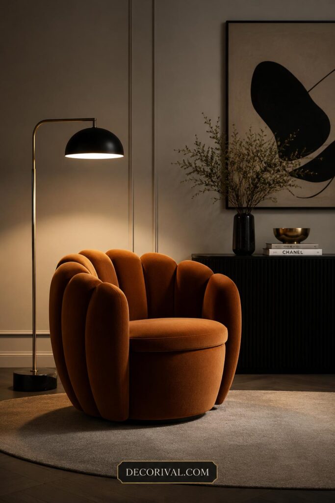 Modern luxury room with statement chair and designer lamp in neutral tones.