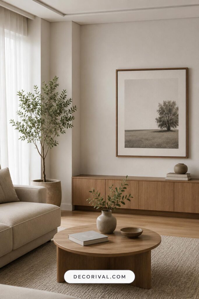 Clean minimalist living room with neutral decor and soft daylight
