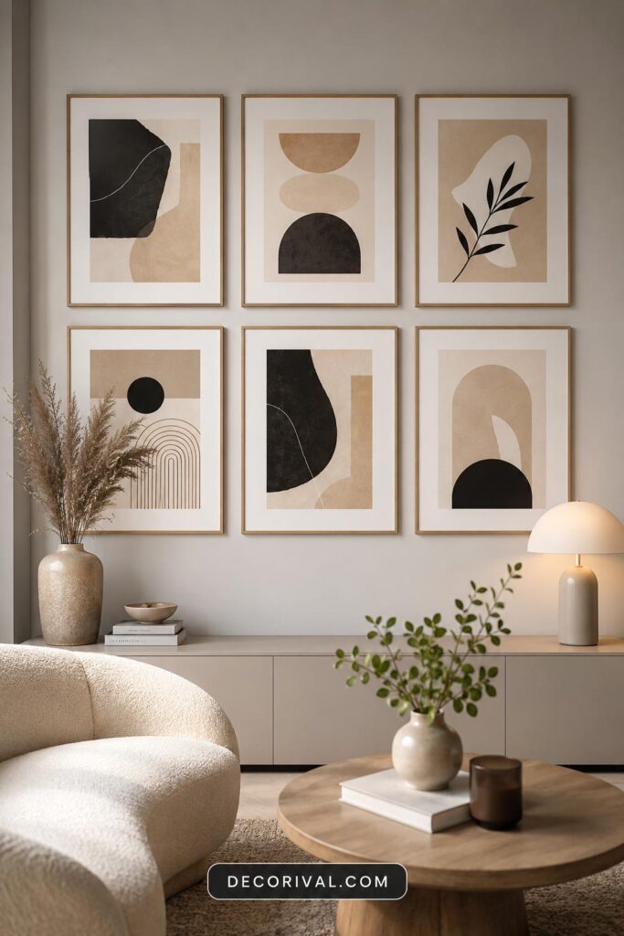 Neutral gallery wall with matching abstract frames in a modern minimalist room.