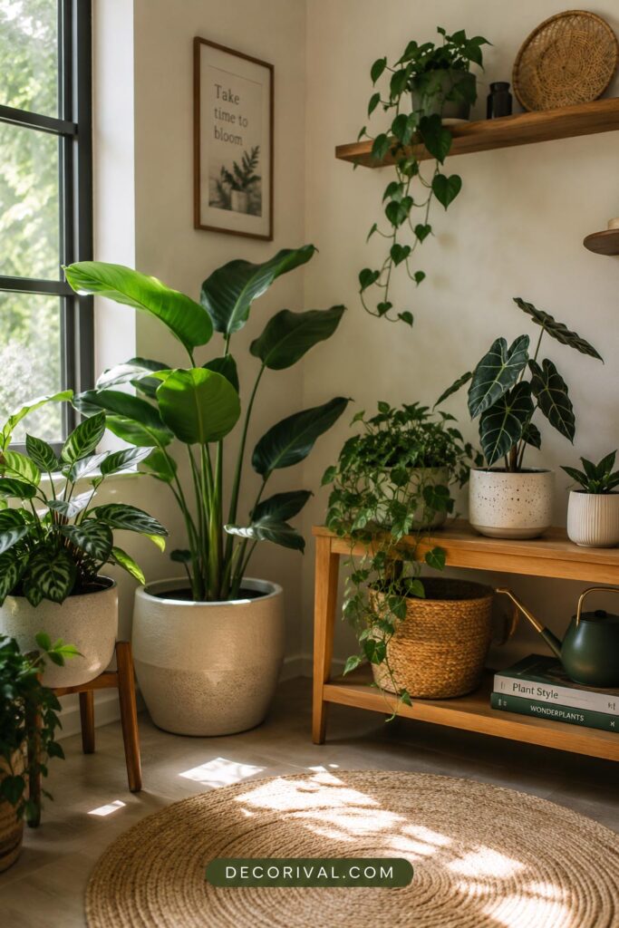 Indoor plant corner with cozy minimalist decor and natural light.