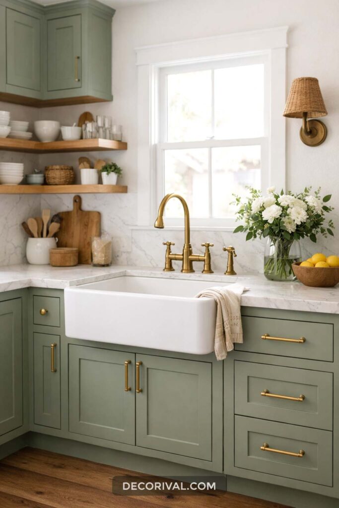Sage Green Cabinets with Brass Hardware