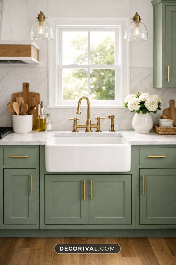Sage Green Cabinets with Farmhouse Sink