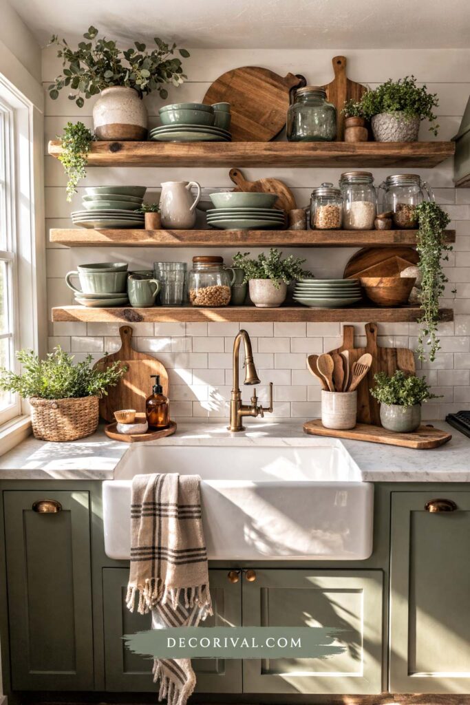 Sage Green Kitchen Open Shelf Decor