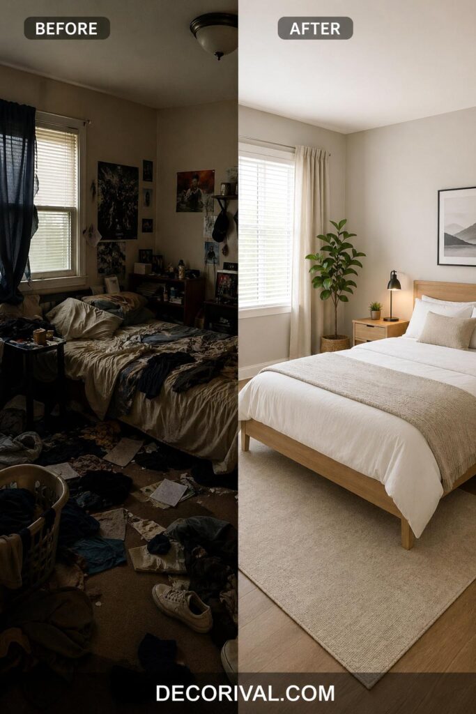 Cluttered vs Clean Bedroom Comparison