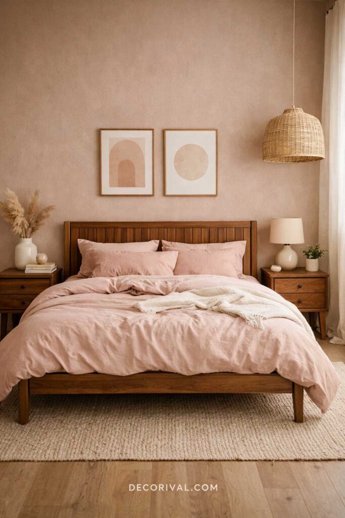 Earthy Pink Bedroom with Wood Furniture