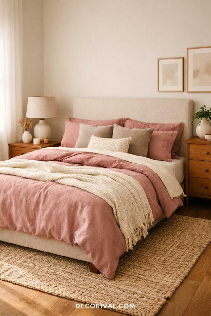 Earthy Pink and Beige Bedroom Styling