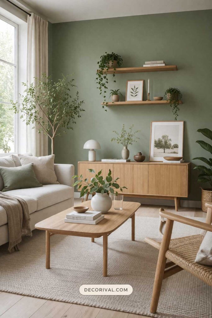 Sage Green Living Room With Wood Furniture