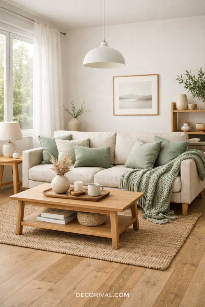 Sage Green Scandinavian Living Room With Textiles