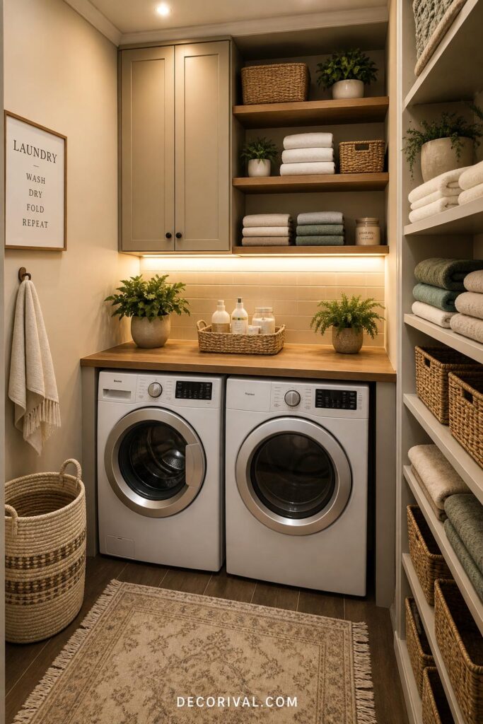 peaceful laundry room with folded clothes clean surfaces and cozy organized setup