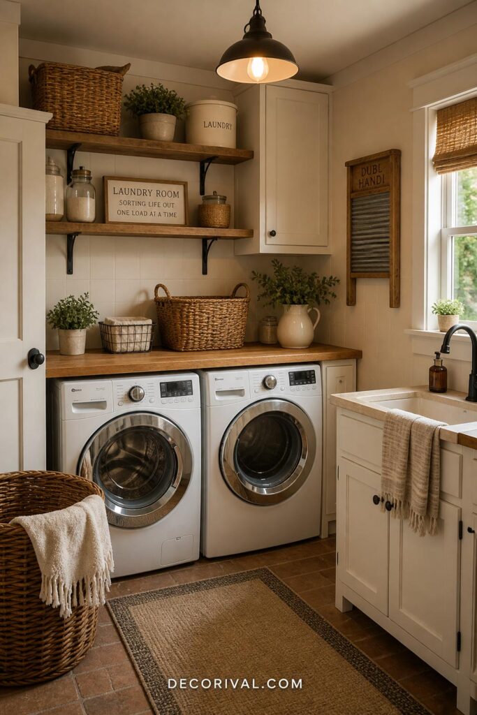 farmhouse style laundry room with wooden shelves neutral tones and cozy design