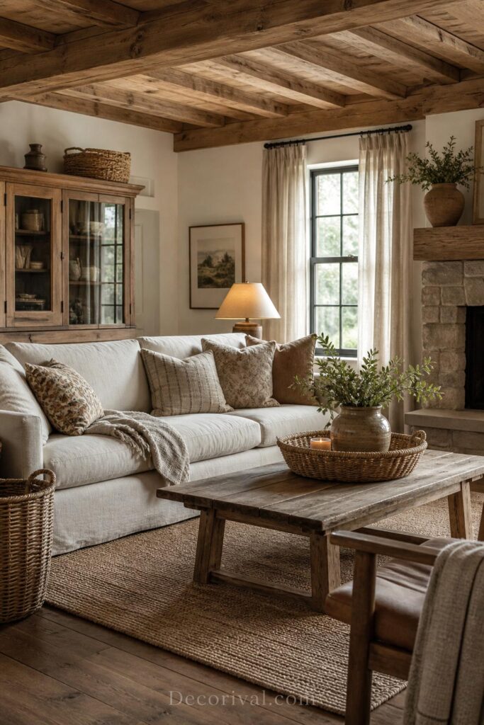 Farmhouse living room with wood tones and woven textures