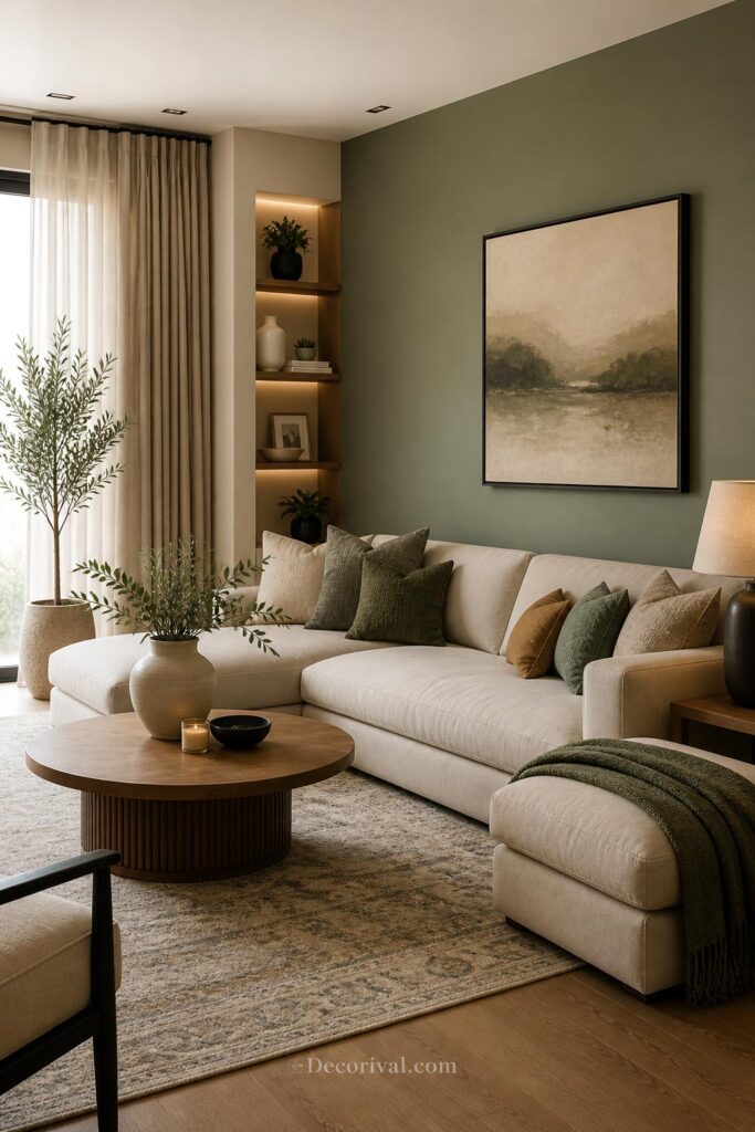 Living room with neutral and sage green color palette