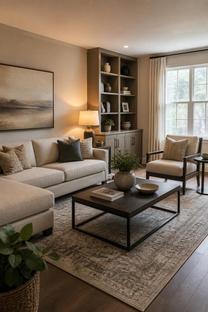 Living room with sofa, coffee table, and accent chair