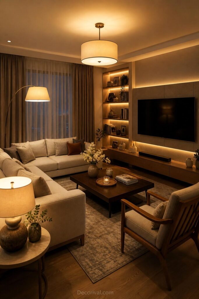 Living room with layered lighting and warm lamps