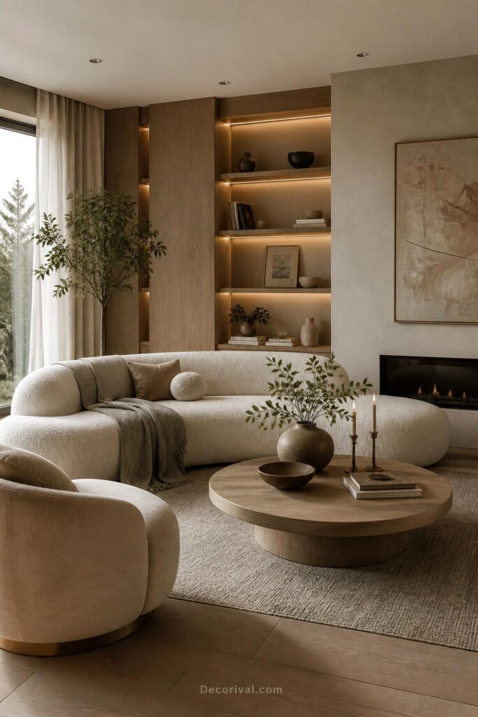 Modern living room with curved furniture and warm neutrals