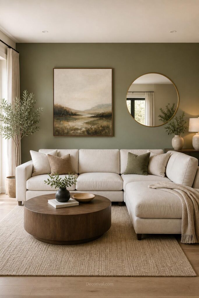 Living room wall decor with artwork and floating shelves