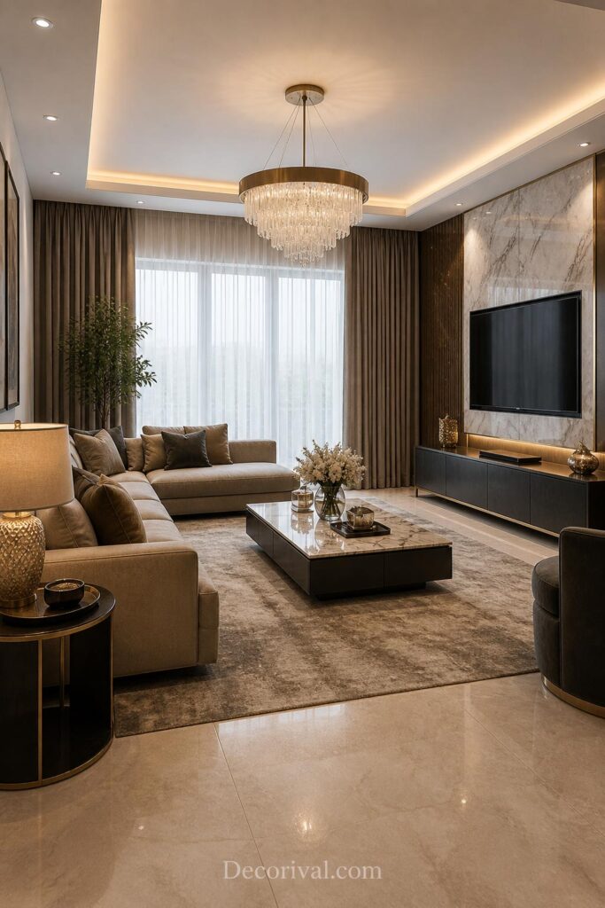 Luxury living room with elegant lighting and neutral decor