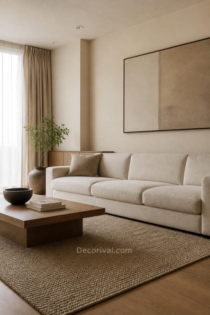Minimalist living room with clean surfaces and neutral palette