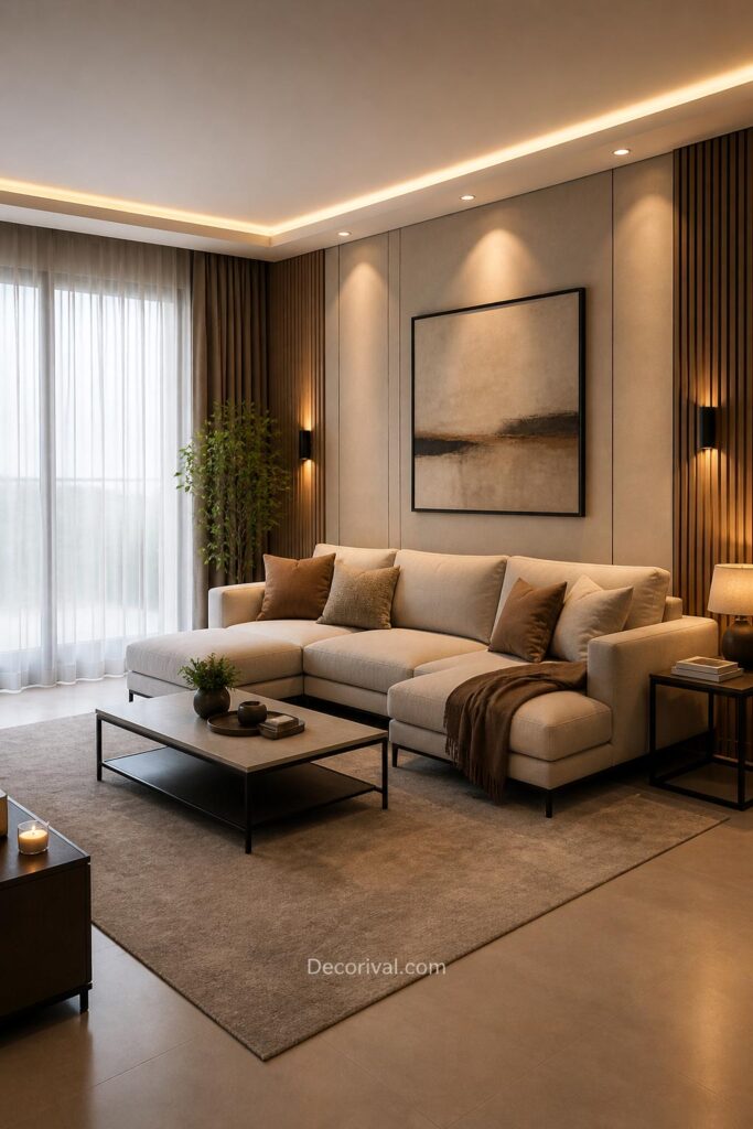 Modern living room with clean furniture and neutral colors