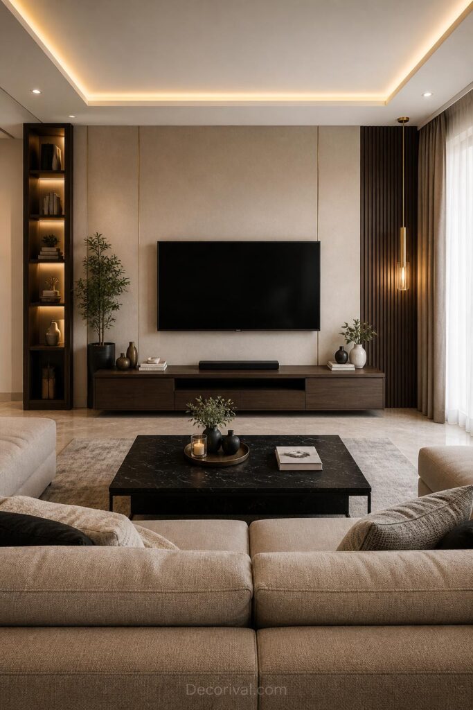 Modern living room with TV wall and media console