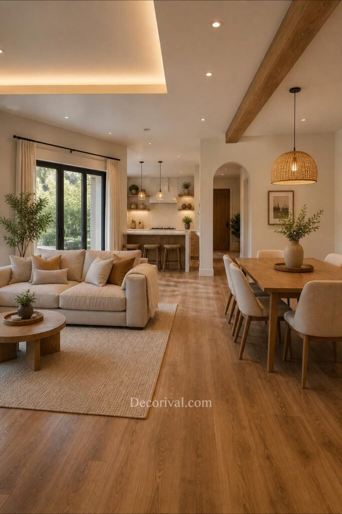 Open living room with dining area and soft zoning