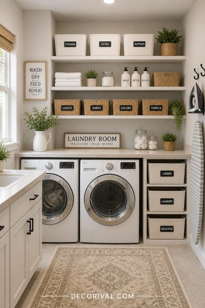 laundry room with baskets shelves and cabinets arranged neatly for better organization