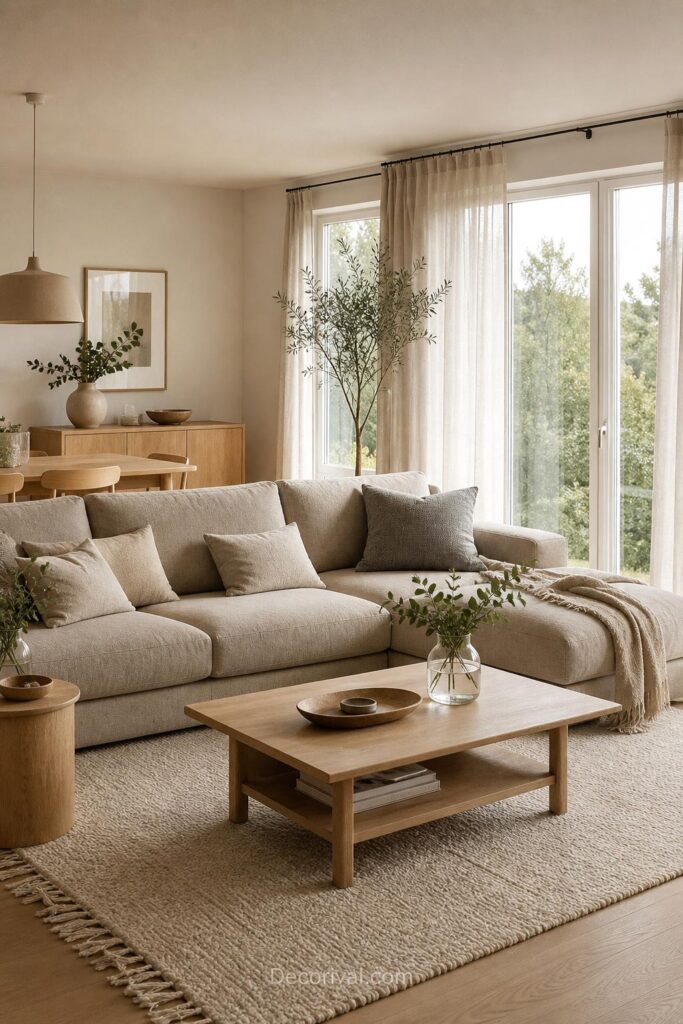 Scandinavian living room with light wood and cozy decor