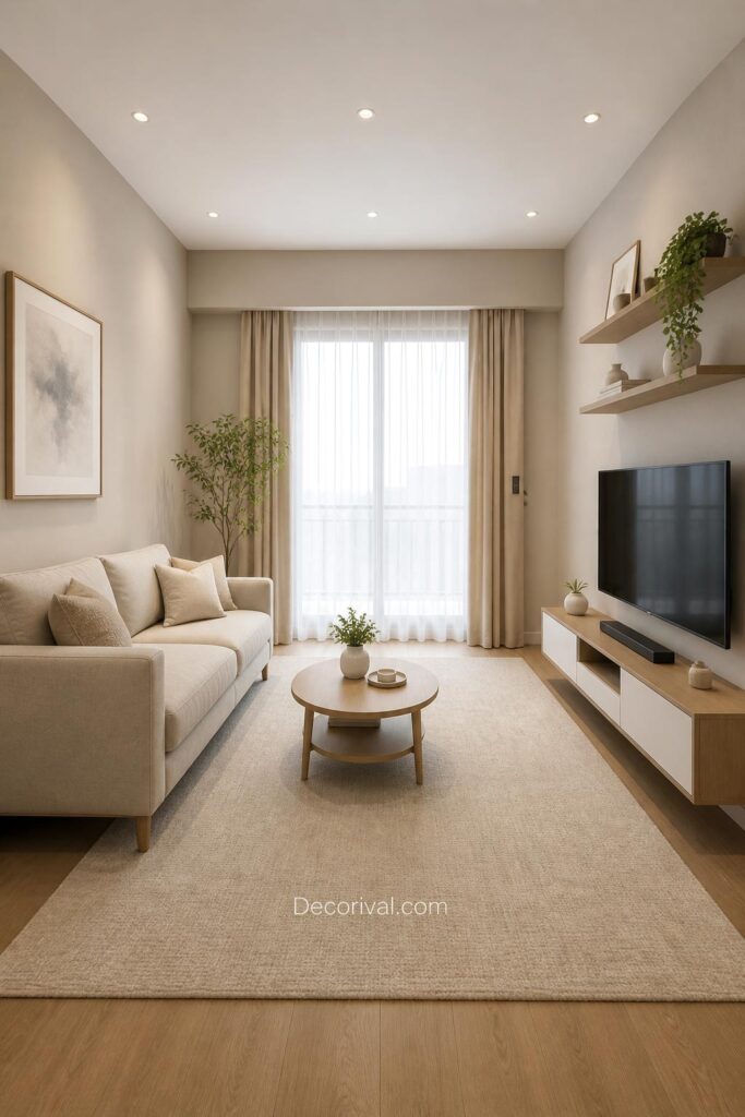 Small living room with compact sofa and large rug