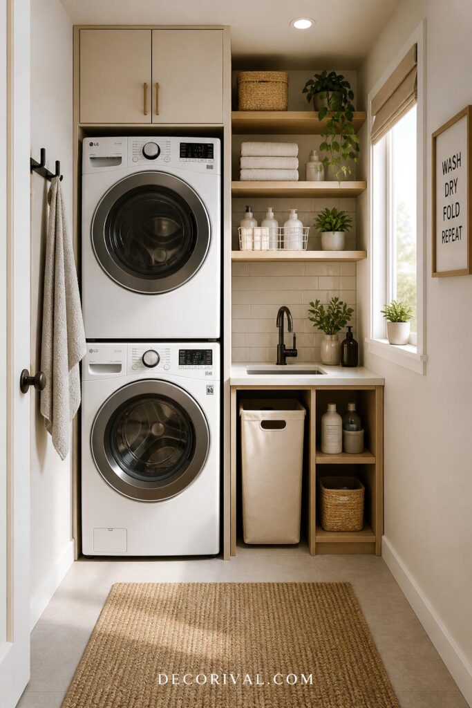 compact laundry room with stacked washer dryer and vertical storage space saving layout