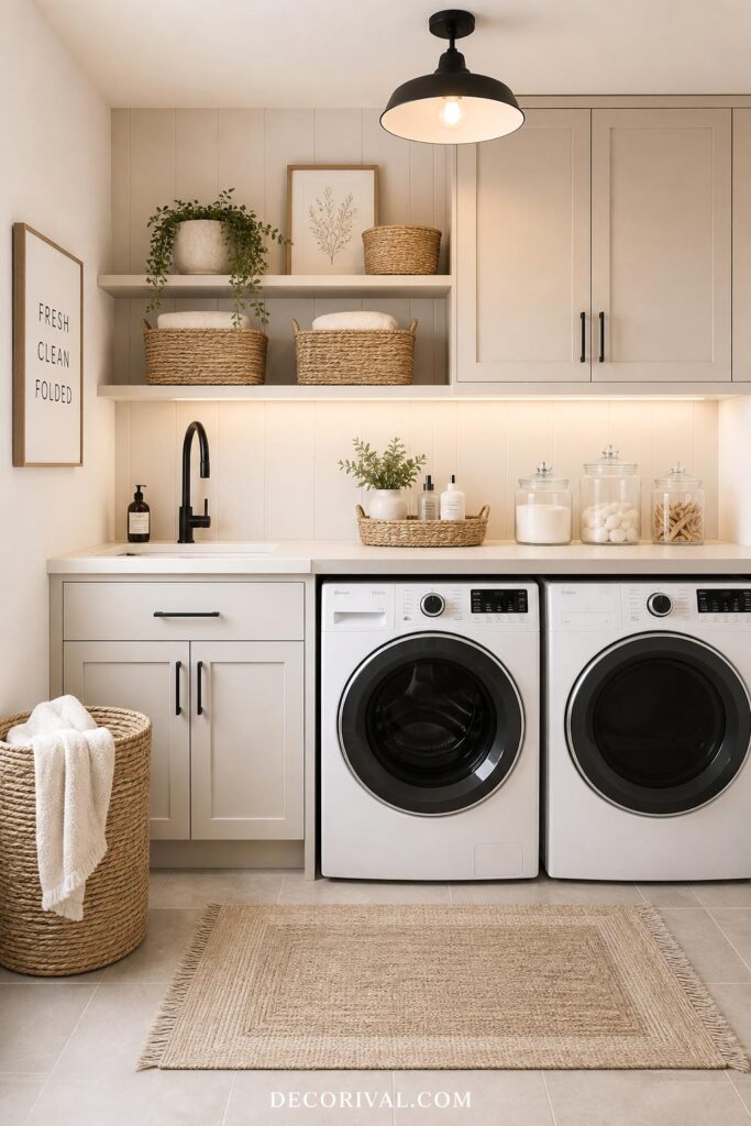 modern laundry room with minimal decor clean color palette and organized setup