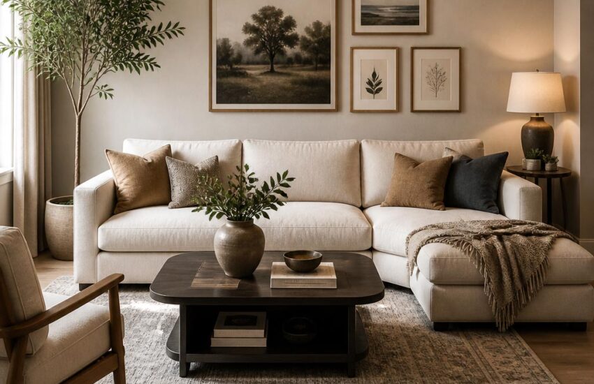Modern living room with neutral decor and balanced layout