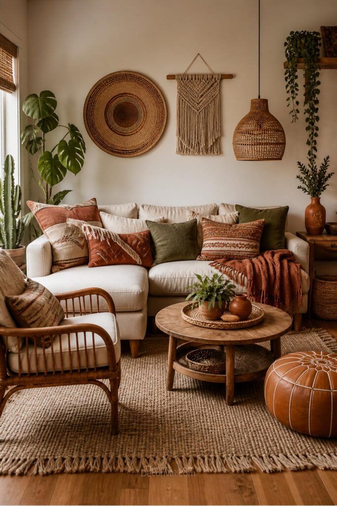 Boho living room with plants and layered textures
